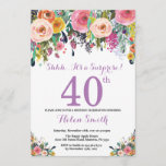 Invitación Floral Surprise 40th Birthday Invitation Purple<br><div class="desc">Invitación de 40º cumpleaños para mujeres por sorpresa floral. Flor floral acuarela. Rosa,  Amarillo,  Naranja,  Flor Púrpura. Cumpleaños de adultos. 30.º 40.º 50.60.º 70.º 80.90.100.º 13.º 15.º 16.º 20.º 21. Para una mayor personalización,  haga clic en el botón "Personalizar" y utilice nuestra herramienta de diseño para modificar esta plantilla.</div>