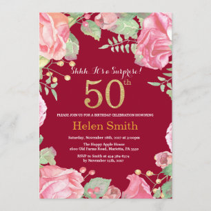 Invitación Floral Surprise 50th Birthday Gold Burgundy Red