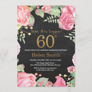 Invitación Floral Surprise 60th Birthday Gold Purpurina