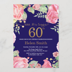 Invitación Floral Surprise 60th Birthday Gold Purpurina Blue