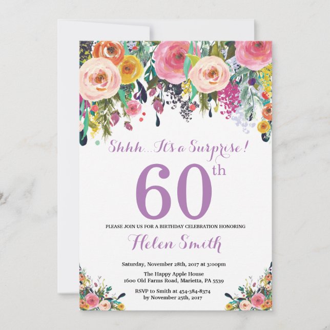 Invitación Floral Surprise 60th Birthday Invitation Purple (Anverso)