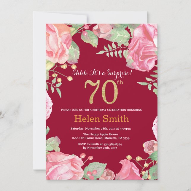 Invitación Floral Surprise 70th Birthday Gold Burgundy Red (Anverso)