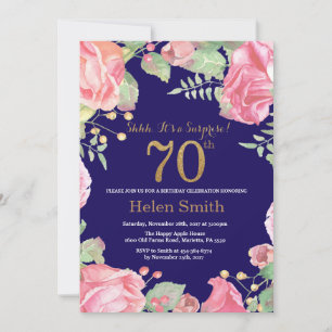 Invitación Floral Surprise 70th Birthday Gold Purpurina Blue