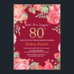 Invitación Floral Surprise 80th Birthday Gold Burgundy Red<br><div class="desc">Invitación de cumpleaños 80 a mujeres por sorpresa de la floral roja. Flor Floral Botánica de acuarela. Brillantina dorada. Flores Florales De Peonies Rosados. Cumpleaños de adultos. Fondo Rojo Borgoña. Para una mayor personalización,  haga clic en el botón "Personalizar" y utilice nuestra herramienta de diseño para modificar esta plantilla.</div>
