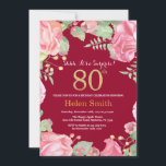 Invitación Floral Surprise 80th Birthday Gold Burgundy Red<br><div class="desc">Invitación de 80º cumpleaños de Floral Surprise para mujeres. Flor Floral Botánica de acuarela. Brillantina dorada. Flores Florales De Peonies Rosados. Cumpleaños de adultos. Fondo Rojo Borgoña. Para una mayor personalización,  haga clic en el botón "Personalizar" y utilice nuestra herramienta de diseño para modificar esta plantilla.</div>