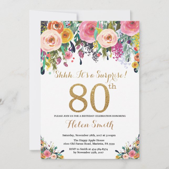 Invitación Floral Surprise 80th Birthday Invitation Gold (Anverso)