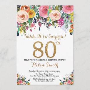 Invitación Floral Surprise 80th Birthday Invitation Gold