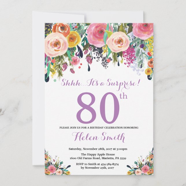 Invitación Floral Surprise 80th Birthday Invitation Purple (Anverso)