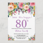 Invitación Floral Surprise 80th Birthday Invitation Purple<br><div class="desc">Invitación de 80º cumpleaños de Floral Surprise. Flor floral acuarela. Rosa,  Amarillo,  Naranja,  Flor Púrpura. Cumpleaños de adultos. 30.º 40.º 50.60.º 70.º 80.90.100.º 13.º 15.º 16.º 20.º 21. Para una mayor personalización,  haga clic en el botón "Personalizar" y utilice nuestra herramienta de diseño para modificar esta plantilla.</div>