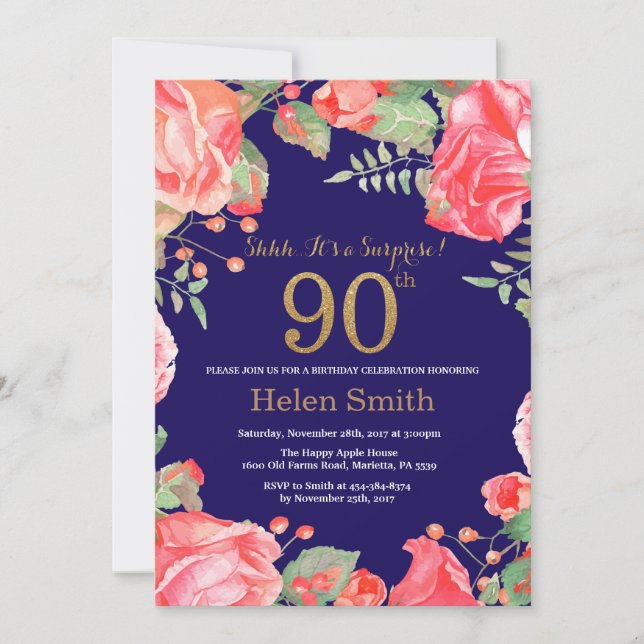 Invitación Floral Surprise 90th Birthday Gold Purpurina Blue (Anverso)