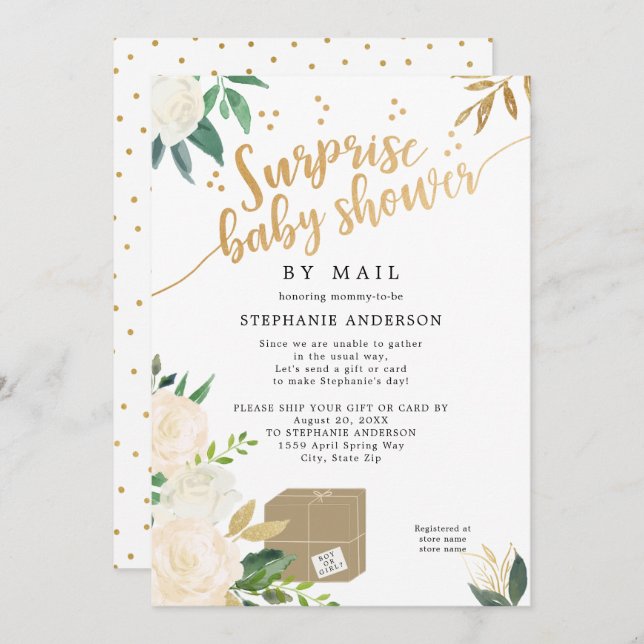 Invitación Floral Surprise Baby Shower por correo (Anverso / Reverso)