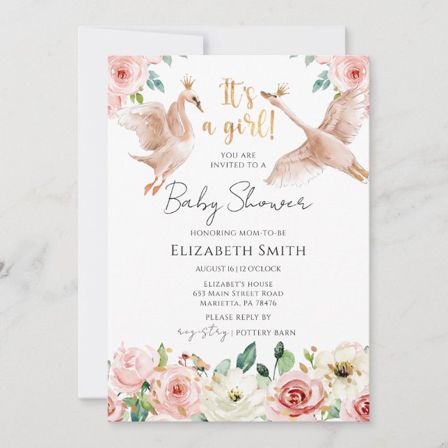 Invitación Floral Swan Princess Baby Shower (Anverso)
