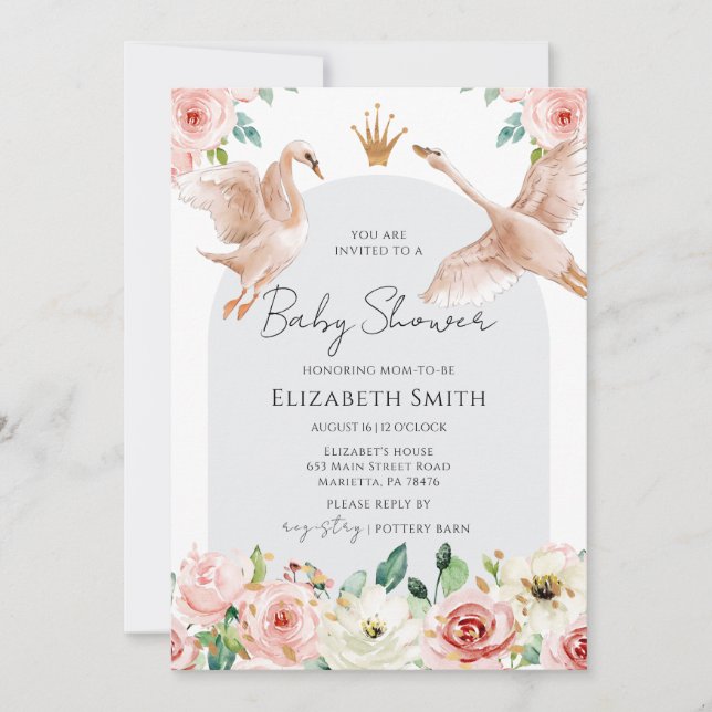 Invitación Floral Swan Princess Baby Shower (Anverso)