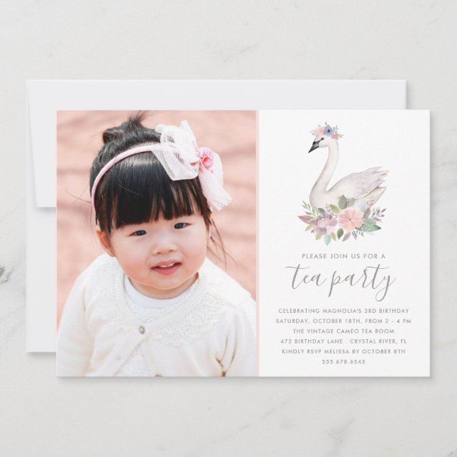 Invitación Floral Swan Princess Birthday Photo Tea Fiesta (Anverso)