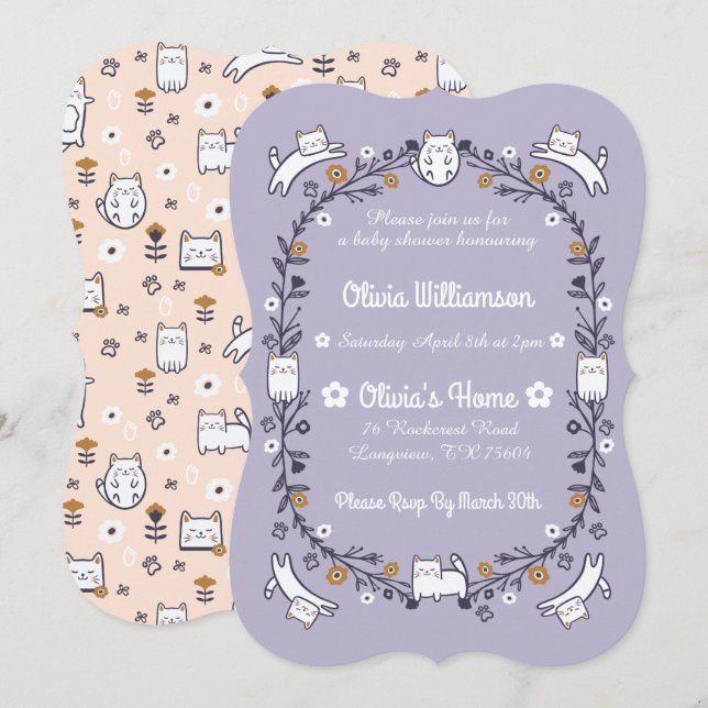 Invitación Floral Sweet Little Kitten Baby Shower (Anverso / Reverso)