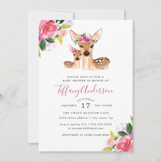Invitación Floral Sweet Mom Y Baby Deer Baby Shower (Anverso)