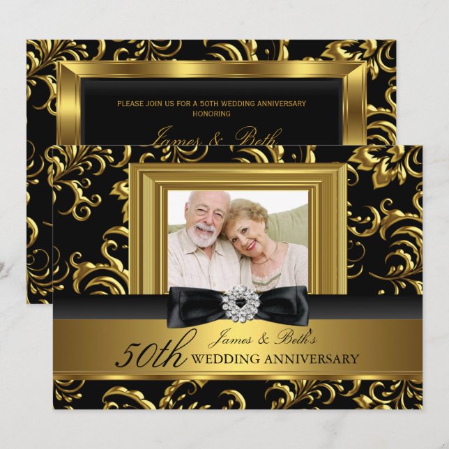 Invitación Floral Swirl Bow Foto 50º aniversario Boda (Anverso / Reverso)