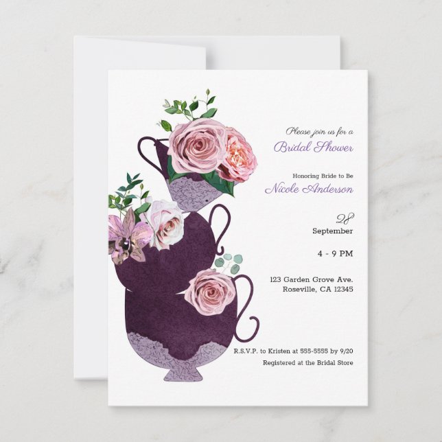 Invitación Floral Tea Cups Bridal Shower Fiesta (Anverso)