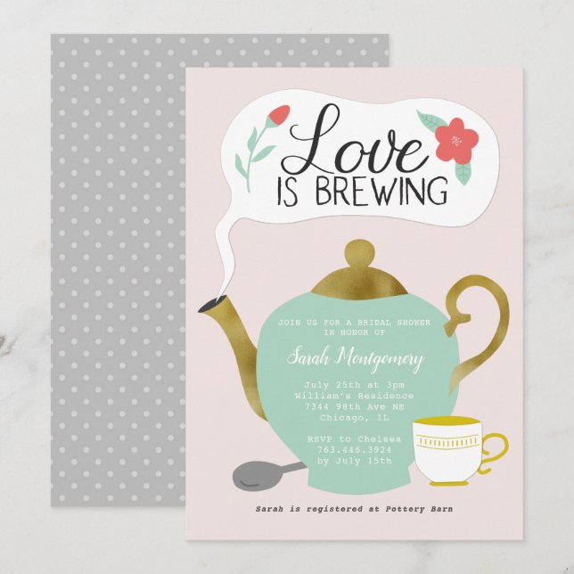 Invitación Floral Tea Fiesta Bridal Shower Amor Se Está Prepa (Anverso / Reverso)