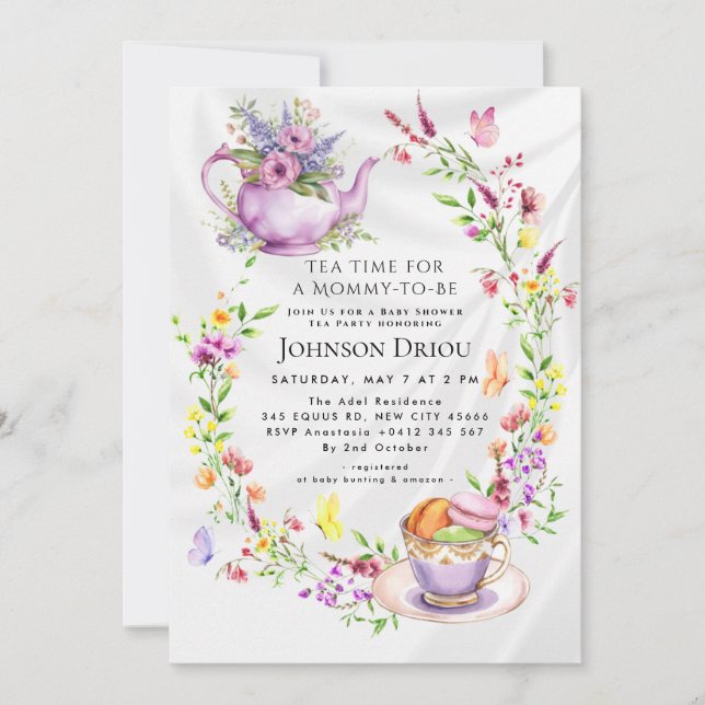 Invitación Floral Tea Party Baby Shower Invitation (Anverso)