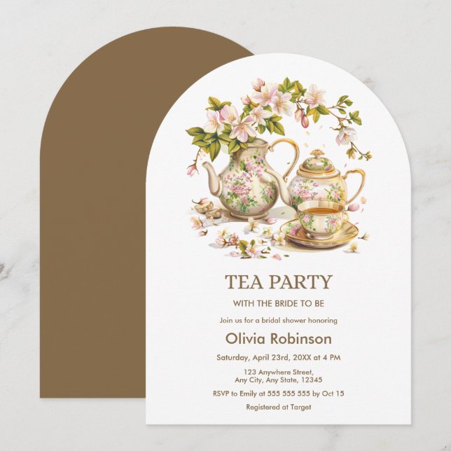 Invitación Floral Teapot Tea Fiesta Bridal Shower (Anverso / Reverso)