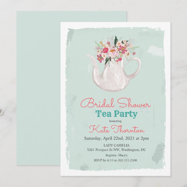 Invitación Floral Teapot Tea Fiesta Bridal Shower (Anverso / Reverso)
