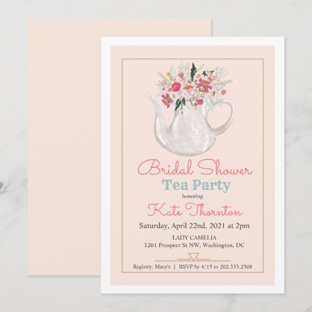 Invitación Floral Teapot Tea Fiesta Bridal Shower (Anverso / Reverso)