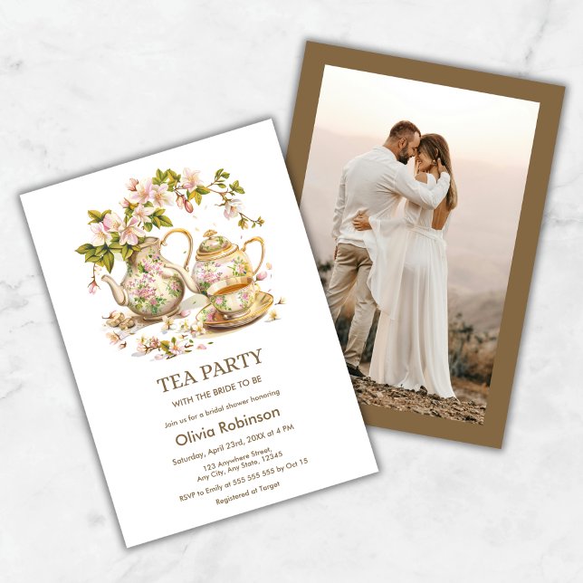 Invitación Floral Teapot Tea Fiesta Foto ducha de novia (Floral Teapot Tea Party Photo Bridal Shower Invitation )