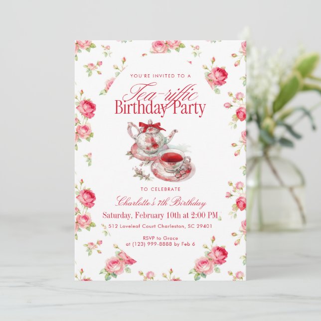 Invitación Floral Teapot Watercolor Girl Birthday Tea Party (Anverso de pie)