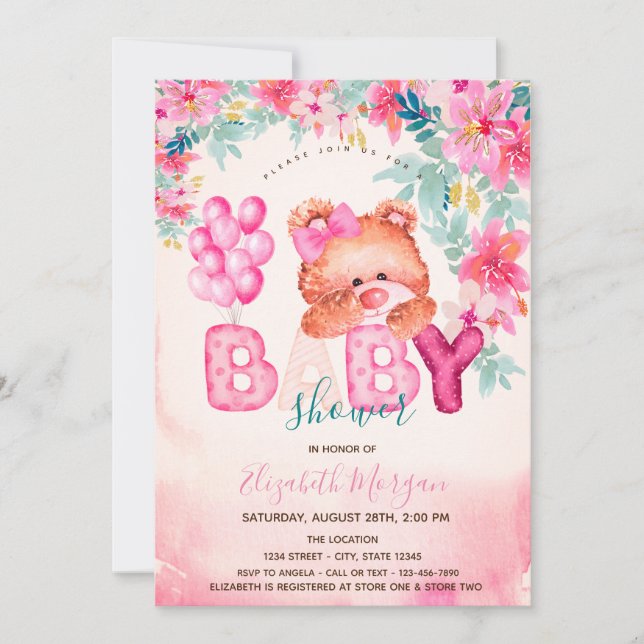 Invitación Floral Teddy Bear Baby Shower (Anverso)