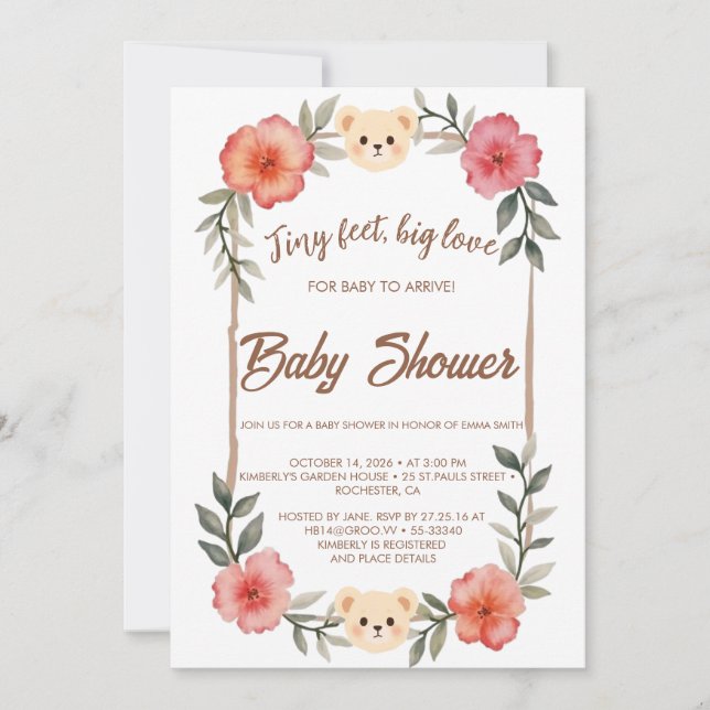 Invitación  Floral Teddy Bear Baby Shower Invitation Neutral  (Anverso)
