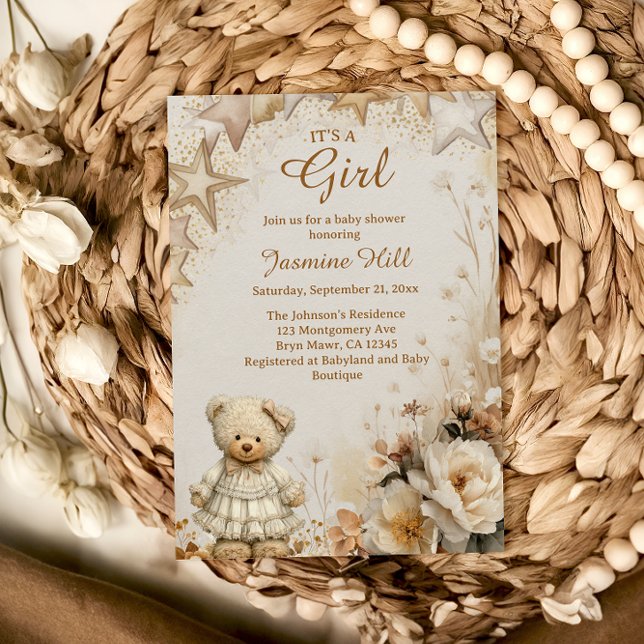 Invitación Floral Teddy Bear Es un Baby Shower Chica (Subido por el creador)