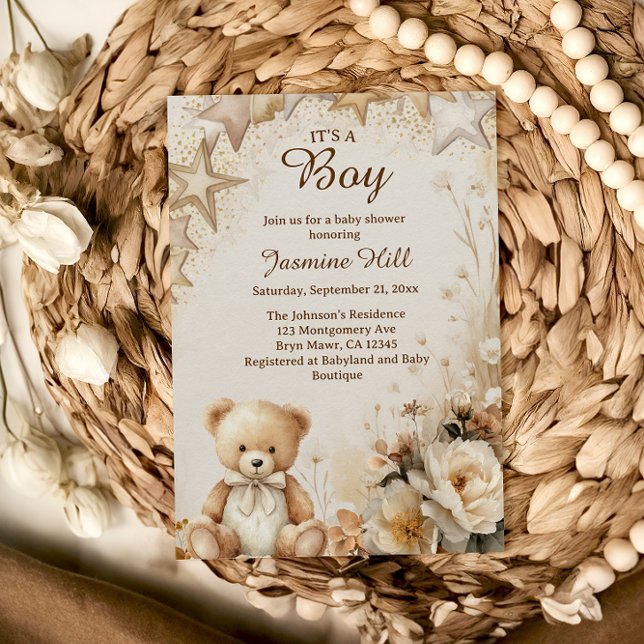 Invitación Floral Teddy Bear Es un niño Baby Shower (Subido por el creador)