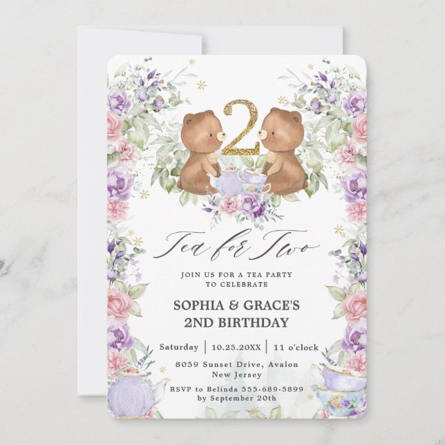 Invitación Floral Teddy lleva té por dos Fiestas de cumpleaño (Anverso)
