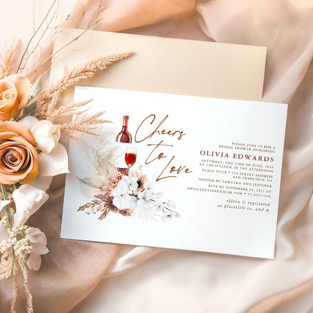 Invitación Floral Terracotta Boho Wine Tasting Bridal Shower (Cheers To Love Wine Tasting Bridal Shower Invitations in Boho Style)