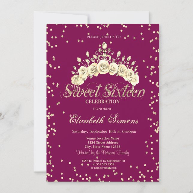 Invitación Floral Tiara Diamonds Princess Sweet 16 (Anverso)