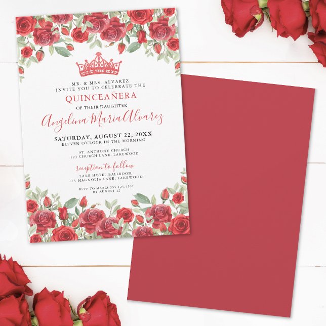 Invitación Floral Tiara Red Quinceanera (Elegant Red Roses Floral Quinceanera Invitation)
