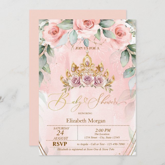 Invitación Floral Tiara Rosas Baby Shower (Anverso / Reverso)