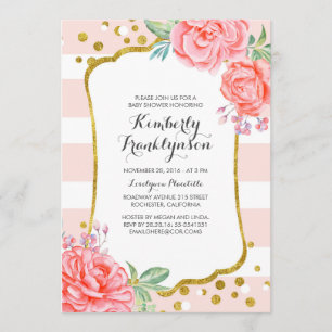 Invitación Floral Tiras Rosa Doradas Confetti Baby Shower