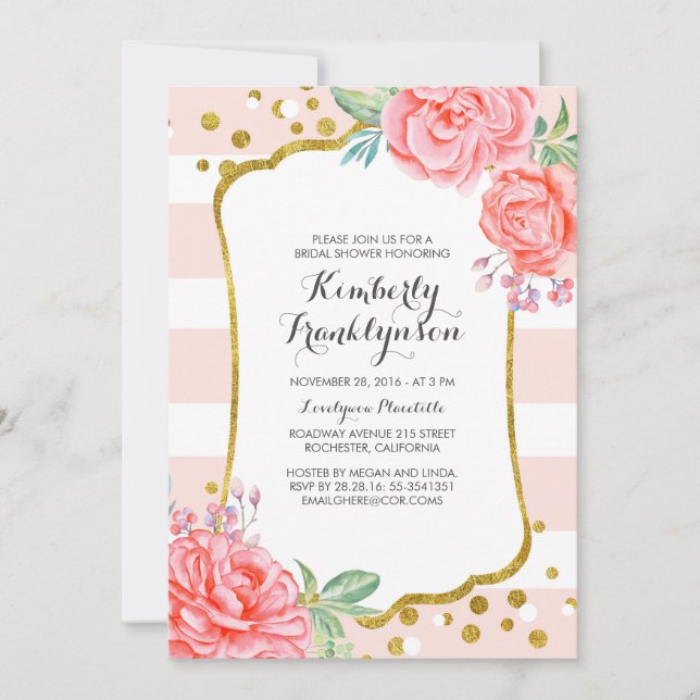 Invitación Floral Tiras Rosadas Doradas Confetti Ducha De Nov (Anverso)