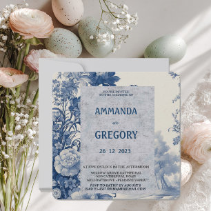 Invitación Floral Toile Azul Francesa