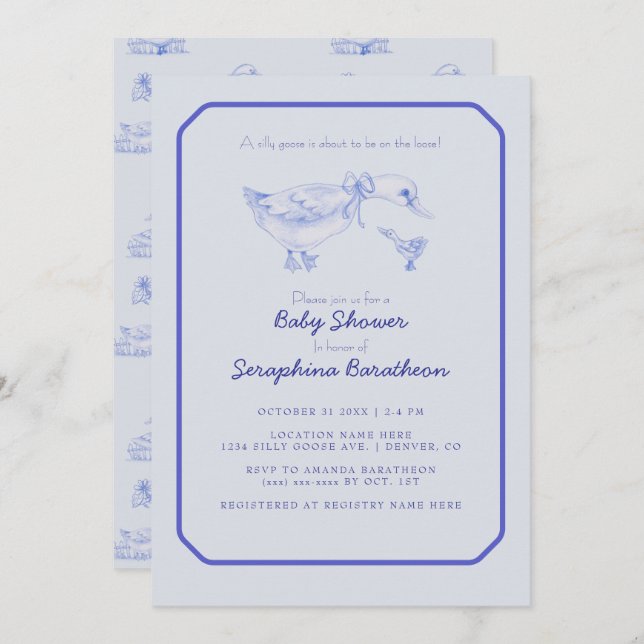 Invitación Floral Toile Silly Goose Baby Shower (Anverso / Reverso)