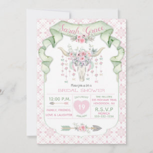Invitación Floral Tribal Cuernos de Toro Flechas Rosa Menta F