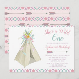 Invitación Floral Tribal Teepee Wild One First Birthday Invit