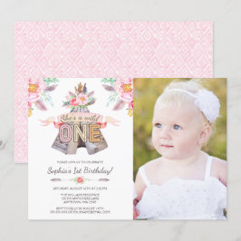 Invitación Floral Tribal Teepee Wild One First Birthday Photo
