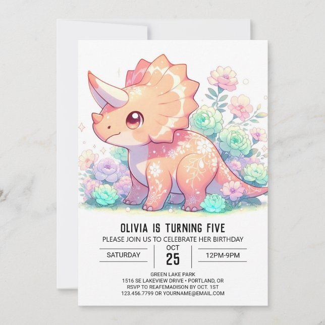 Invitación Floral Triceratops Dinosaur Cumpleaños Digital (Anverso)