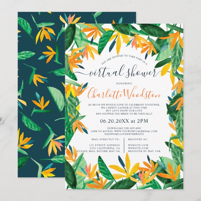 Invitación Floral tropical acuarela escritura ducha virtual (Anverso / Reverso)