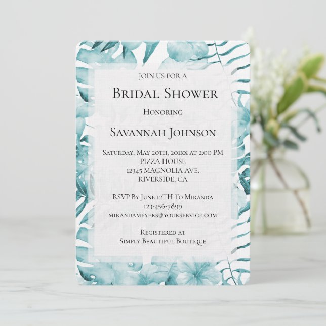 Invitación Floral tropical acuática azul deja ducha de novia (Anverso de pie)