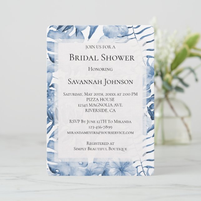 Invitación Floral tropical azul morado deja ducha de novia (Anverso de pie)