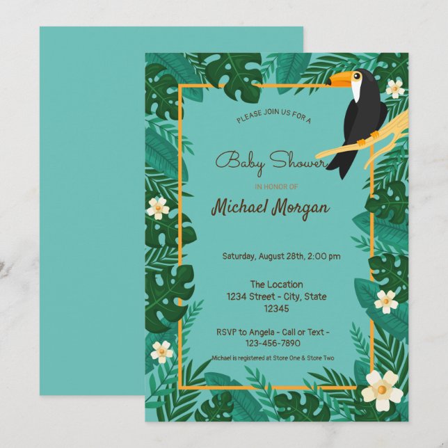 Invitación Floral tropical, Baby Shower de animales (Anverso / Reverso)
